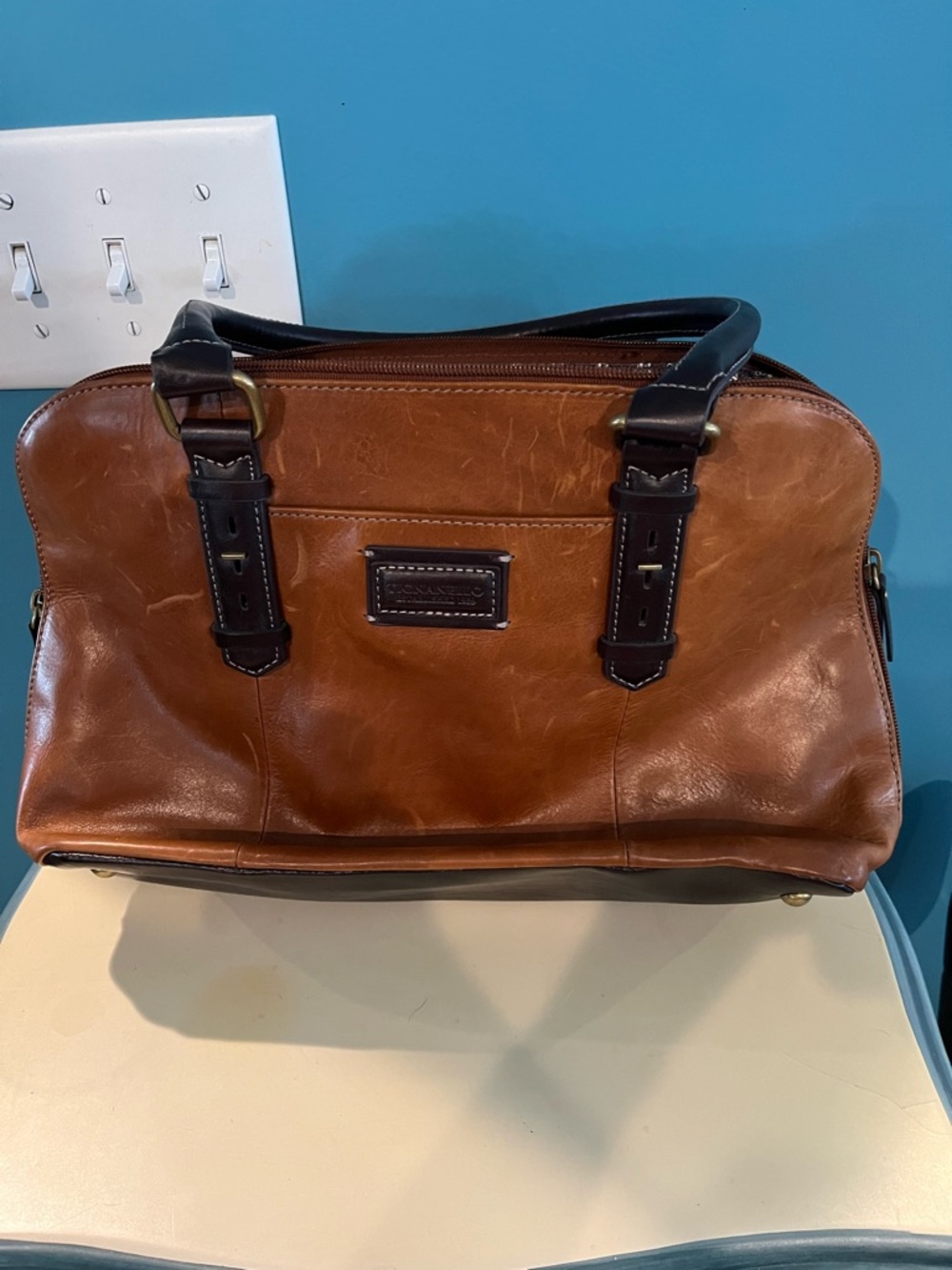Leather Weekender Bag in Brown with Dark Trim
